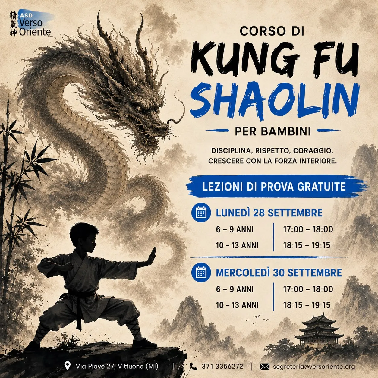 Corso di Kung Fu Shaolin per bambini – lezioni di prova gratuite lunedì 28 e mercoledì 30 settembre