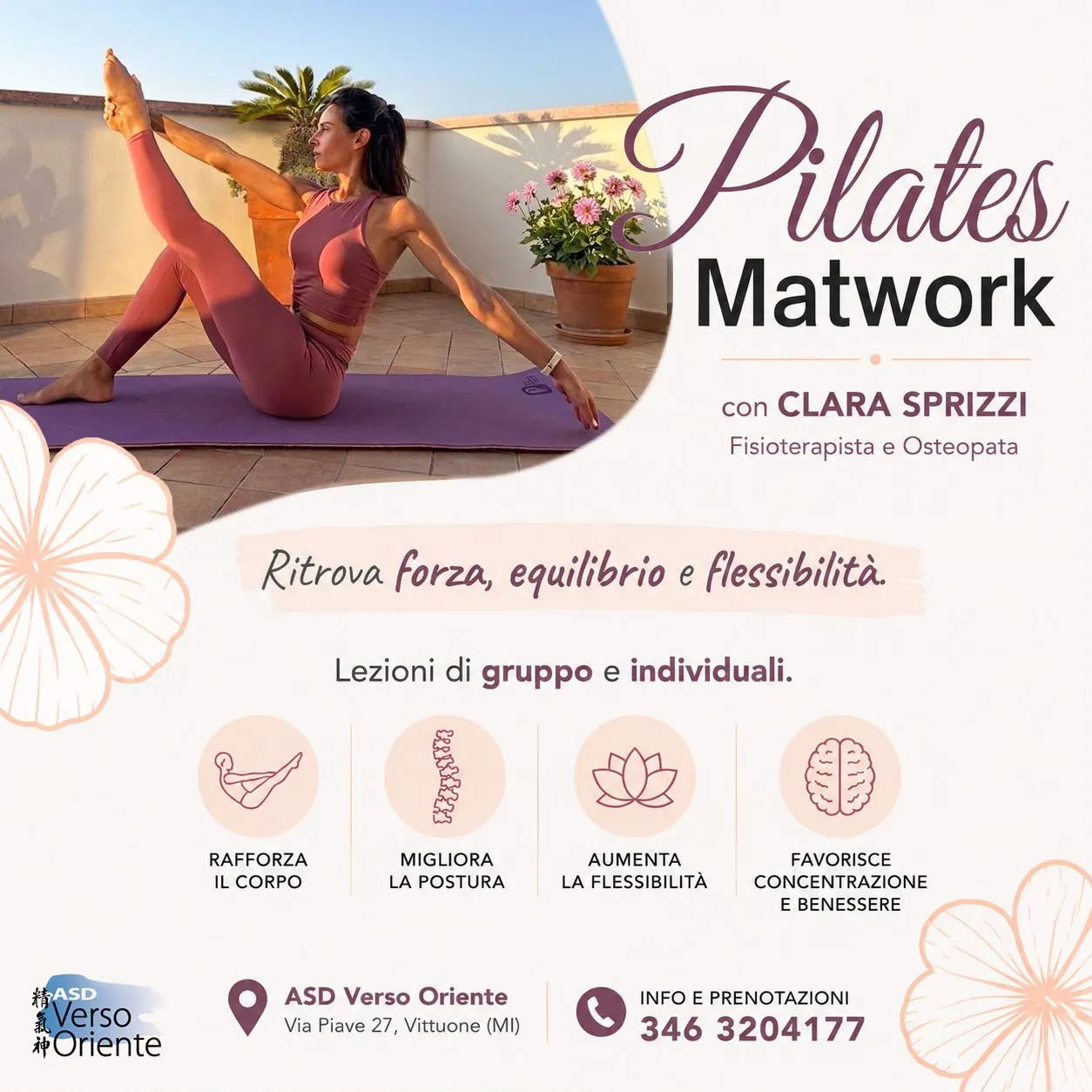 Pilates Matwork con Clara Sprizzi, fisioterapista e osteopata – lezioni di gruppo e individuali