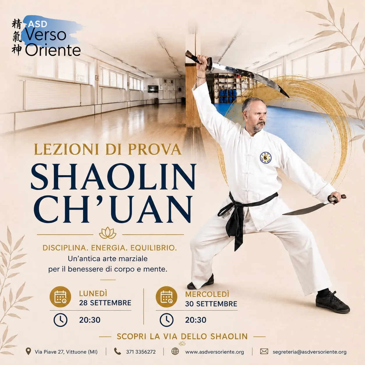 Shaolin Ch’uan – lezioni di prova lunedì 28 e mercoledì 30 settembre alle 20:30